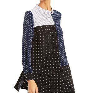 Alfani Navy, Black & White Mixed Media Polka Dot Button Down Tunic Size XL